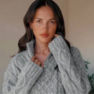 Jenni Kayne Heather Grey Baby Alpaca Merino Wool Cable Knit Sweater